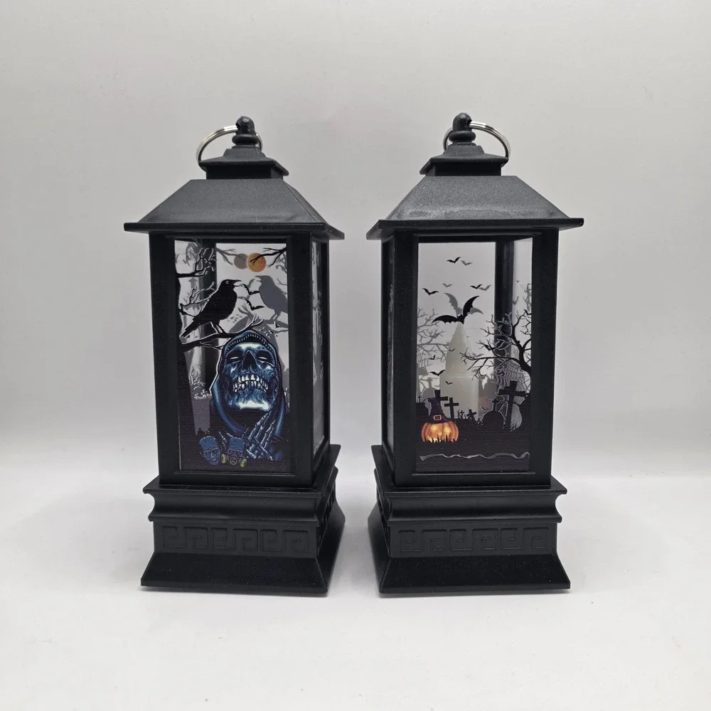 Halloween LED Storm Lanterns 2pc Black‎ Spooky Skull Haunted House Gothic Decor